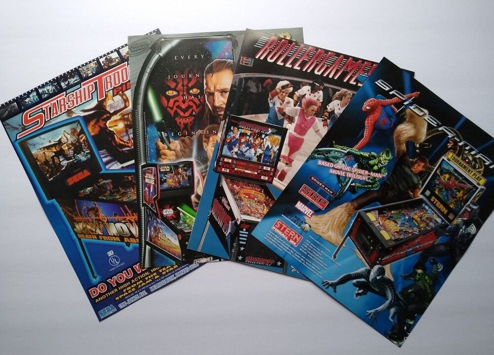 Pinball FLYERS Lot Of 4 Starship Troopers Star Wars Roller Games Spiderman